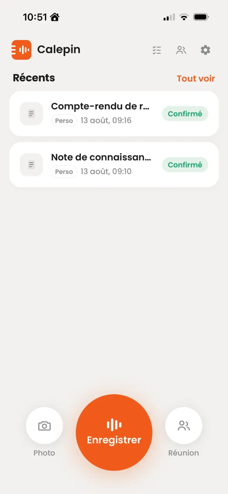 L'app mobile Calepin, accueil prêt à enregistrer