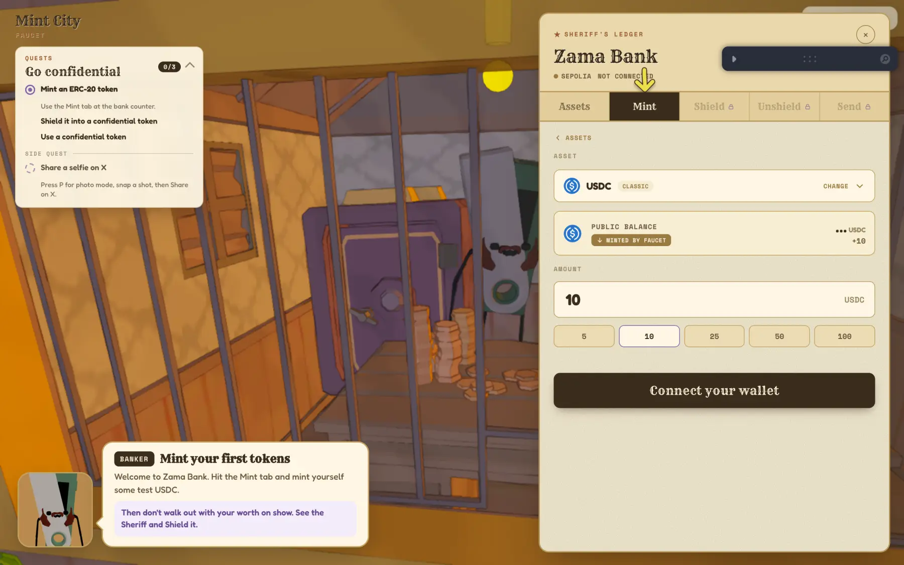Le guichet de la Zama Bank dans Mint City, avec la quête Go confidential